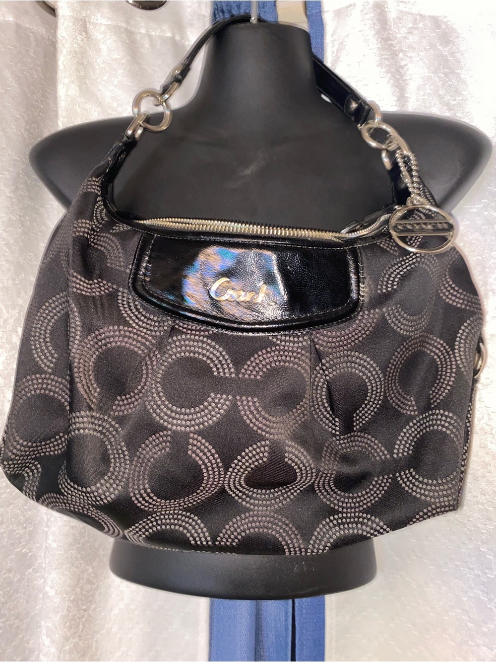Coach Black Signature Jacquard Shoulder Bag with Patent Trim